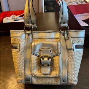 Coach Woven Straw & Gold Leather Tote Bag | Vintage 2000s Y2k